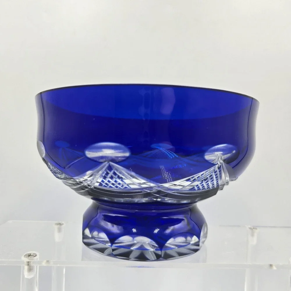 Bohemian Cobalt Blue Cut to Clear Crystal Footed Bowl Czech Candy Dish Starburst